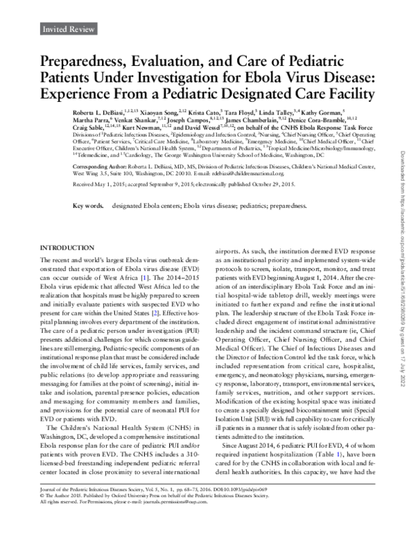 Preparedness, Evaluation, and Care of Pediatric Patients Under Investigation for Ebola Virus Disease: Experience From a Pediatric Designated Care Facility