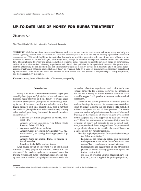 (PDF) Uptodate use of honey for burns treatment Andrei Zbuchea