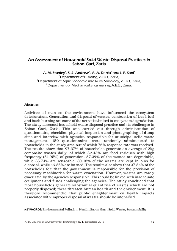 (PDF) An Assessment of Household Solid Waste Disposal Practices i n