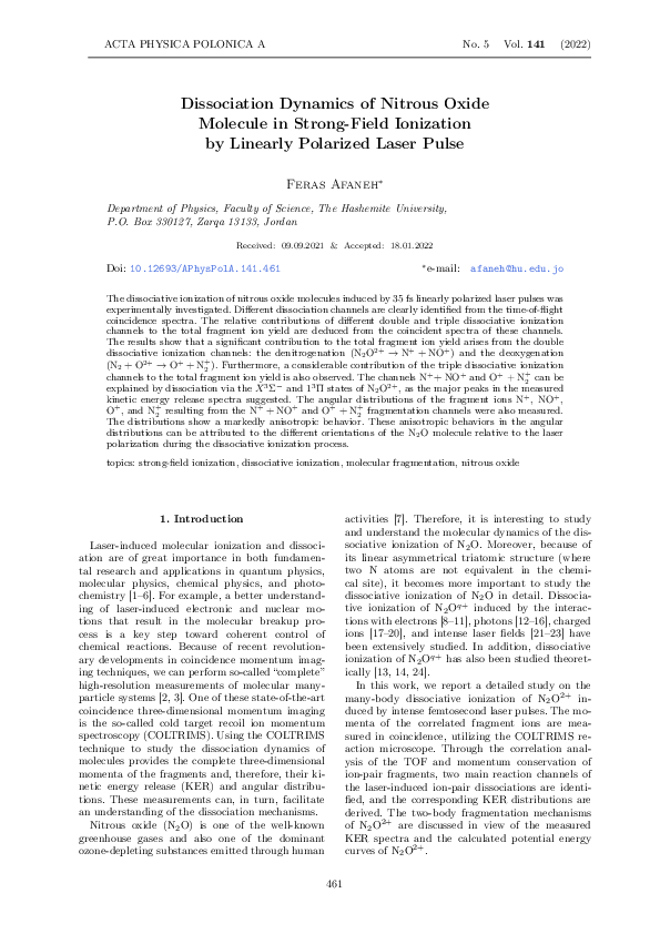 (PDF) Dissociation Dynamics of Nitrous Oxide Molecule in Strong-Field ...