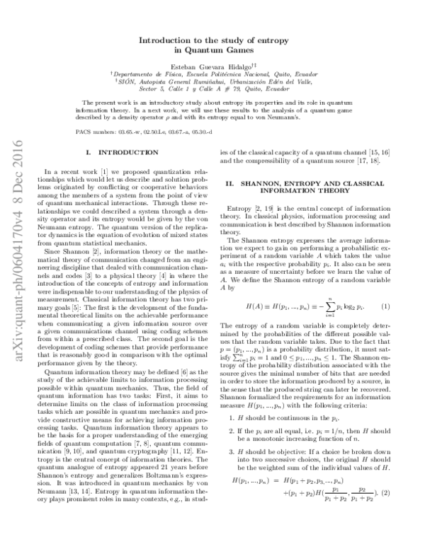 (PDF) Introduction to the study of entropy in Quantum Games