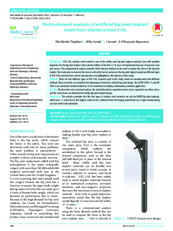 (PDF) Finite element analysis of artificial hip joint implant made from ...