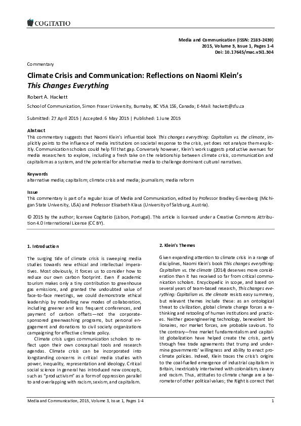 (PDF) Climate Crisis and Communication: Reflections on Naomi Klein’s ...