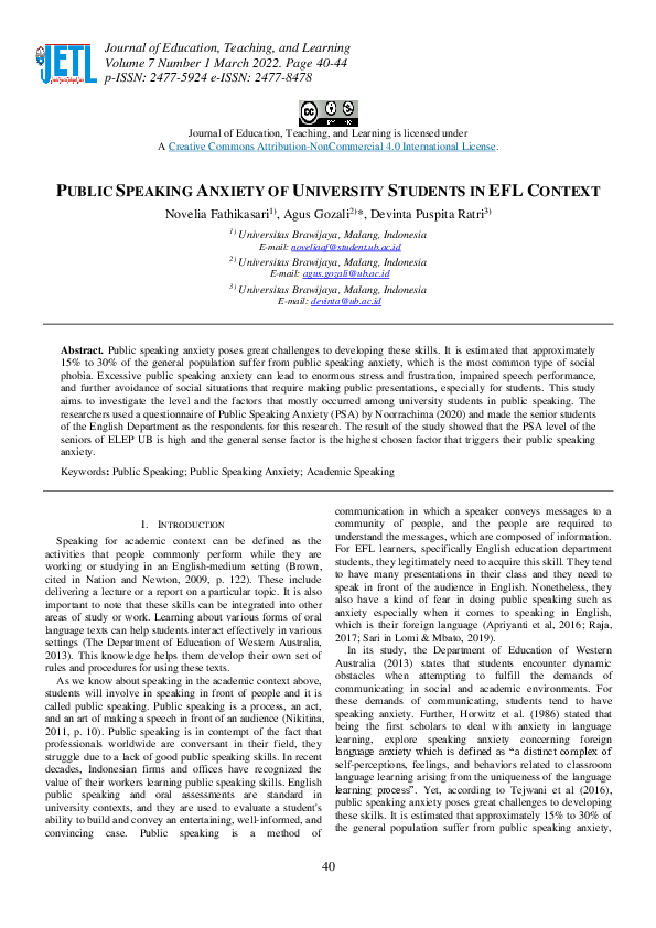 (PDF) Public Speaking Anxiety of University Students in EFL Context