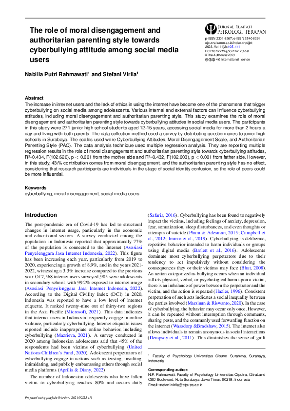 (PDF) The role of moral disengagement and authoritarian parenting style ...
