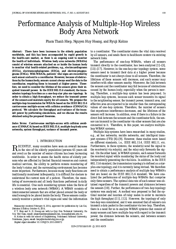 (PDF) Performance analysis of multiple-hop wireless body area network