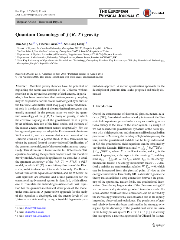 (PDF) Quantum Cosmology of f(R, T) gravity