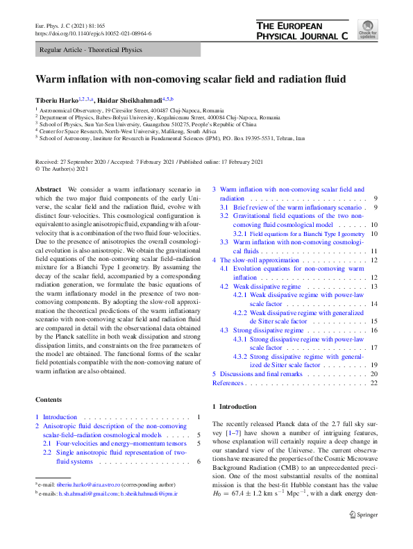 (PDF) Warm inflation with non-comoving scalar field and radiation fluid