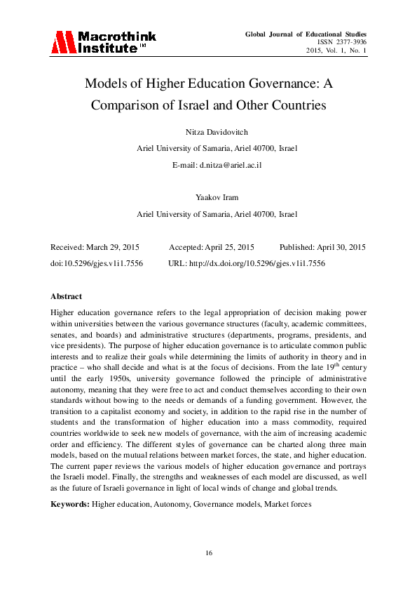 (PDF) Models of Higher Education Governance: A Comparison of Israel and ...