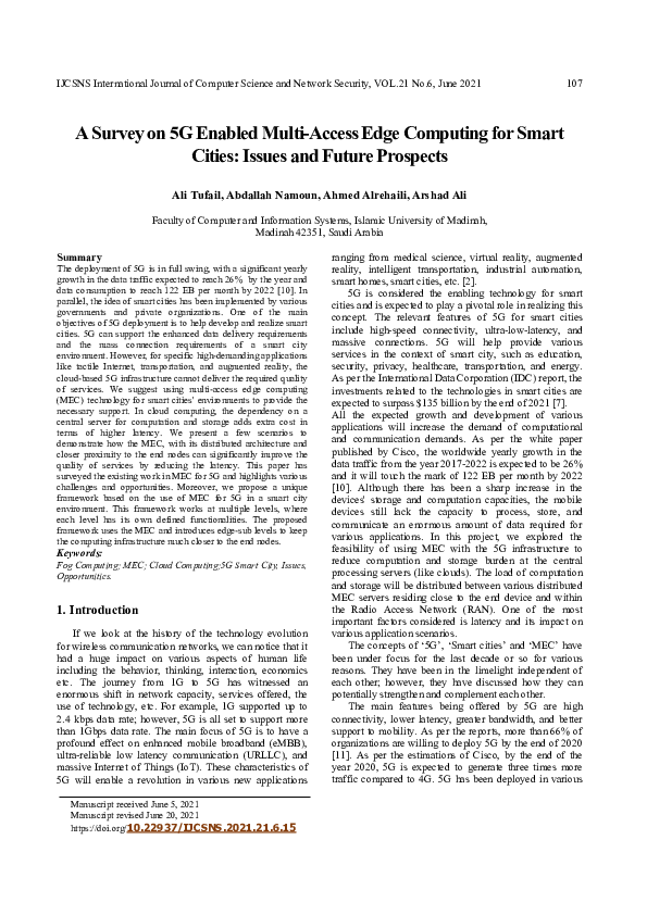 (PDF) A Survey on 5G Enabled Multi-Access Edge Computing for Smart ...