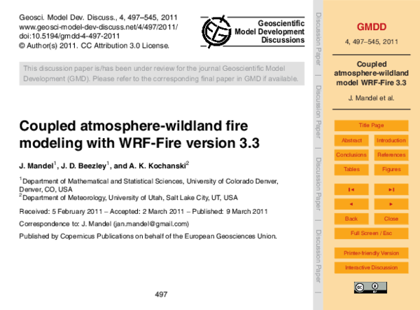 (PDF) Coupled atmosphere-wildland fire modeling with WRF-Fire version 3.3