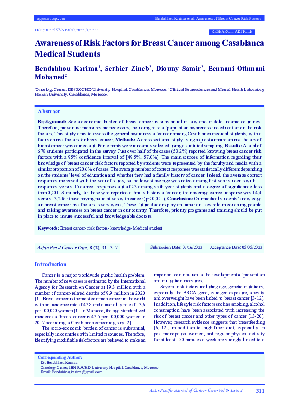 (PDF) Awareness of Risk Factors for Breast Cancer among Casablanca ...