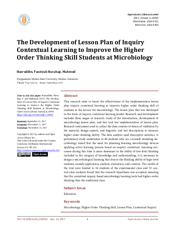(PDF) The Development of Lesson Plan of Inquiry Contextual Learning to ...