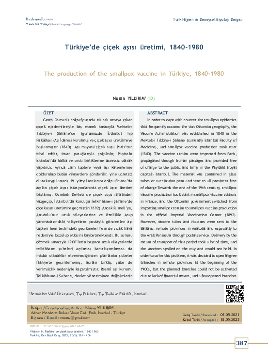 (PDF) Nuran Yıldırım. “Türkiye’de Çiçek Aşısı Üretimi, 1840-1980/The ...