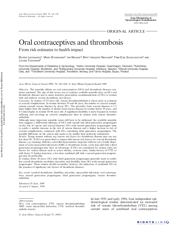 (PDF) Oral contraceptives and thrombosis, From risk estimates to health