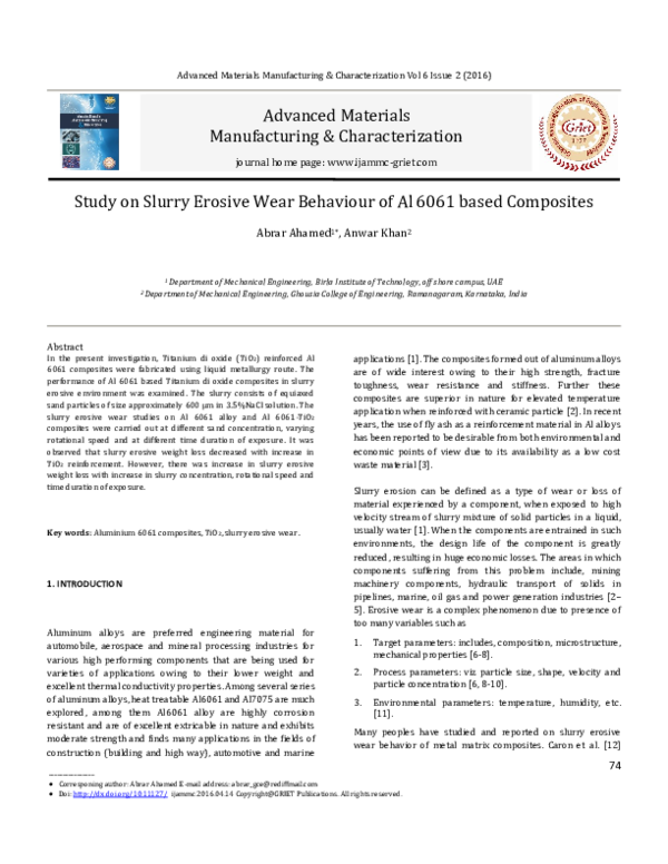 (PDF) Study on Slurry Erosive Wear Behaviour of Al 6061 based Composites