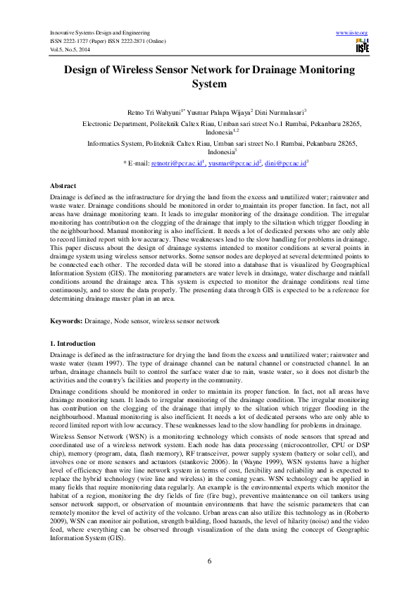(PDF) Design of Wireless Sensor Network for Drainage Monitoring System