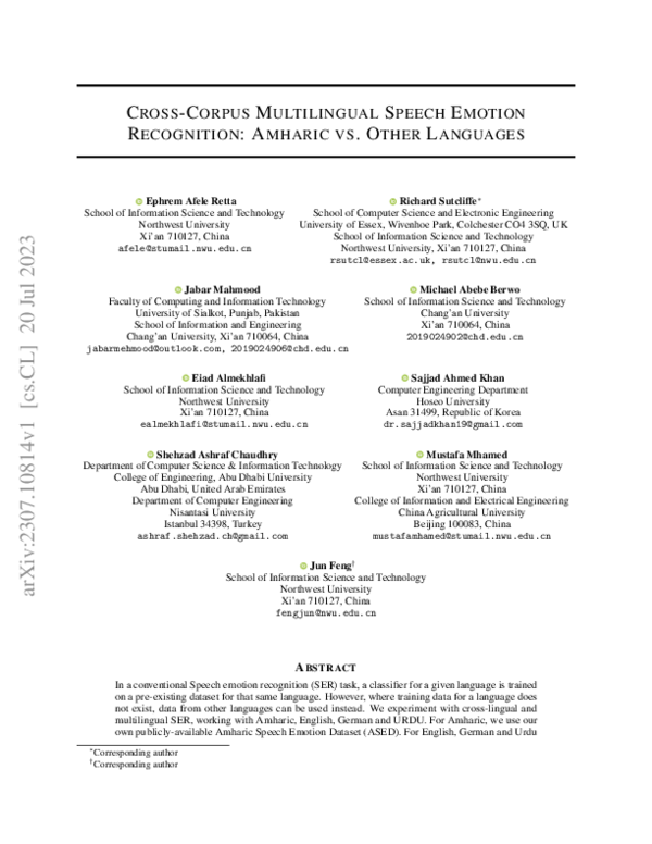 (PDF) Cross-Corpus Multilingual Speech Emotion Recognition: Amharic vs ...