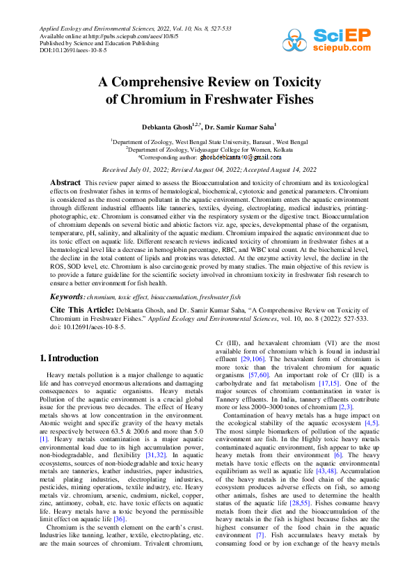 (PDF) A Comprehensive Review on Toxicity of Chromium in Freshwater Fishes