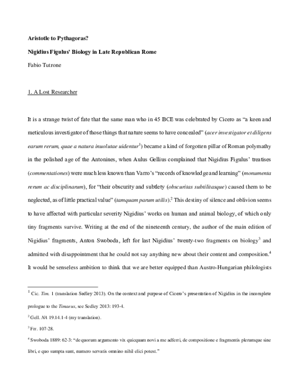 (PDF) Aristotle to Pythagoras? Nigidius Figulus' Biology in Late ...