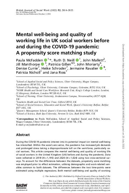 (PDF) Mental well-being and quality of working life in UK social ...