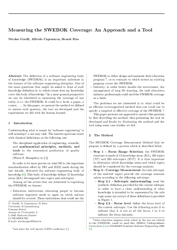 (PDF) Measuring the SWEBOK Coverage: An Approach and a Tool