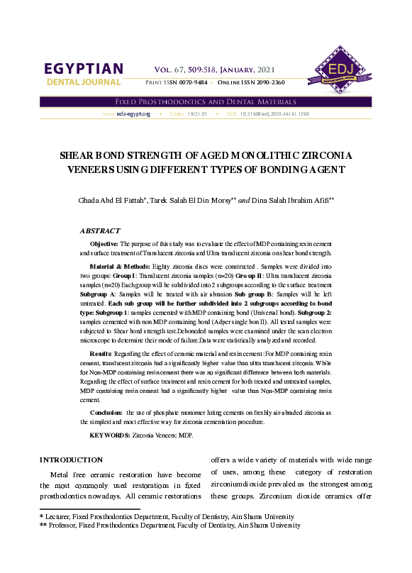 (PDF) Shear Bond Strength of Aged Monolithic Zirconia Veneers Using