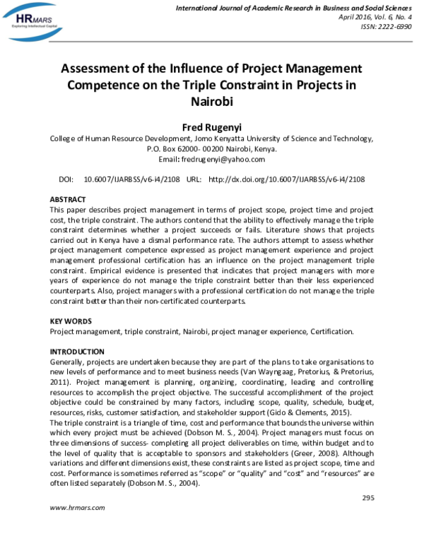 (PDF) Assessment of the Influence of Project Management Competence on ...