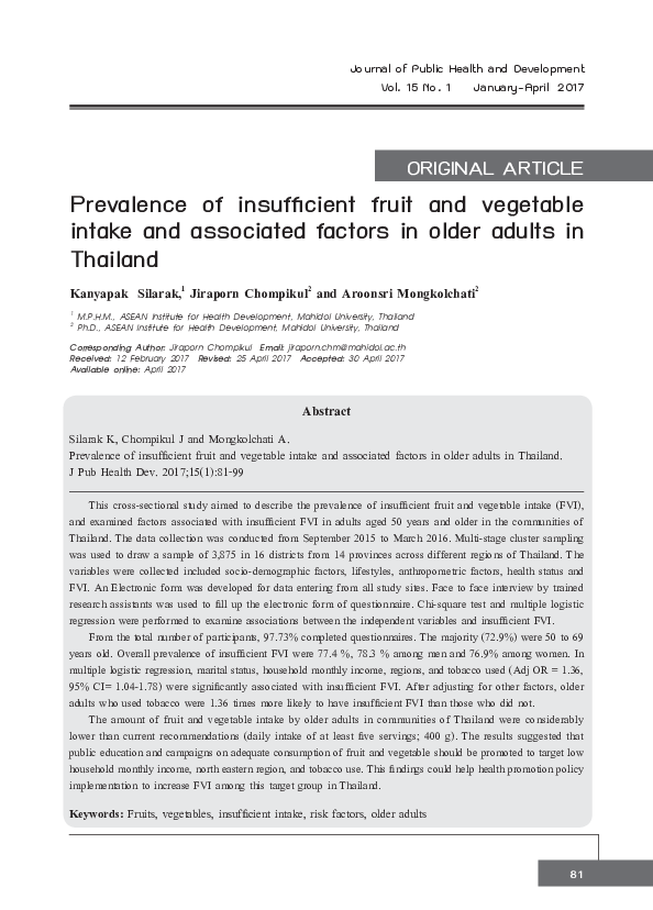(PDF) Prevalence of insufficient fruit and vegetable intake and ...