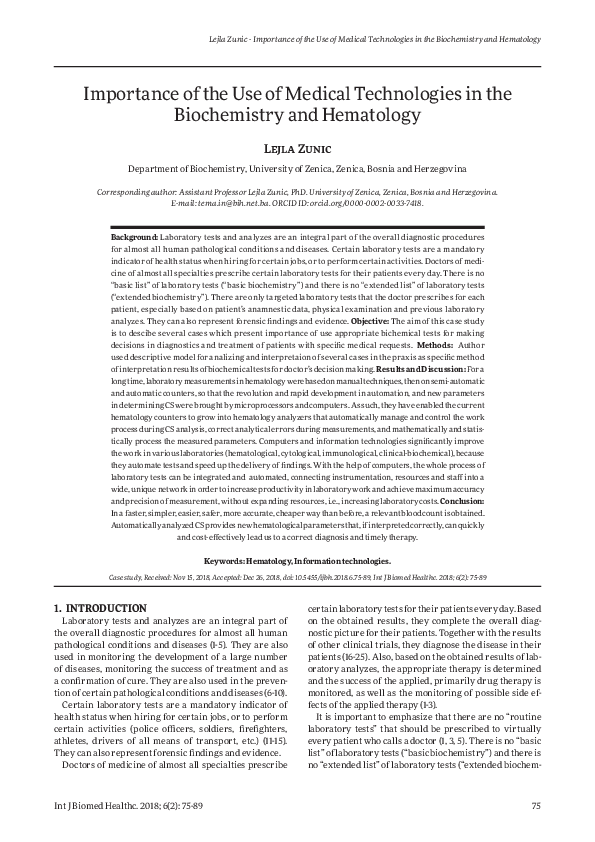 (PDF) Importance of the Use of Medical Technologies in the Biochemistry ...