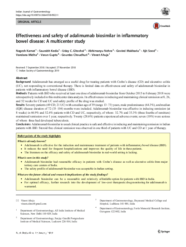 (PDF) Effectiveness and safety of adalimumab biosimilar in inflammatory ...