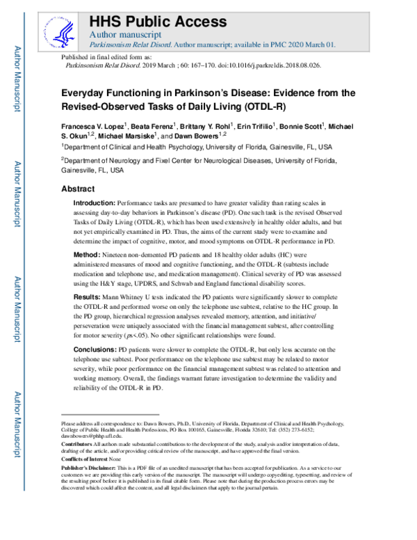 (PDF) Everyday functioning in Parkinson's disease: Evidence from the ...