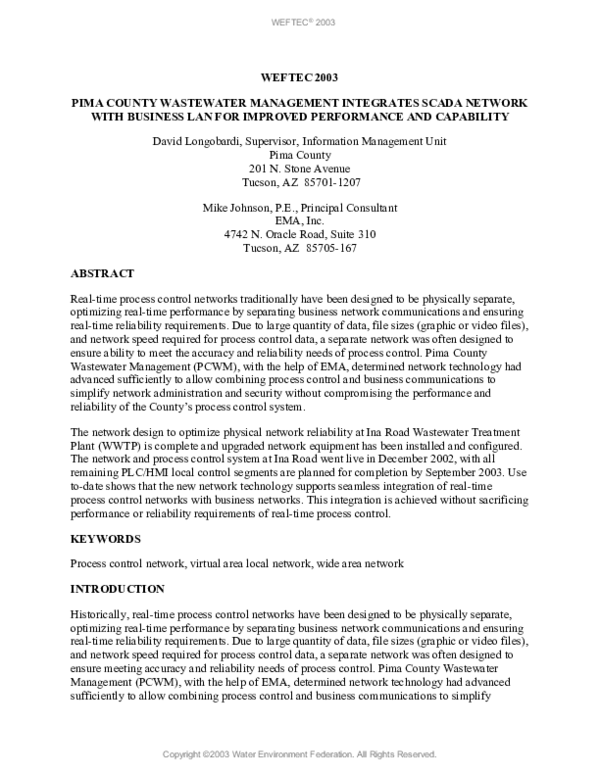 (PDF) Pima County Wastewater Management Integrates Scada Network with