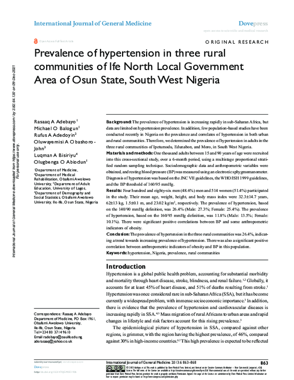 (PDF) Prevalence of hypertension in three rural communities of Ife ...