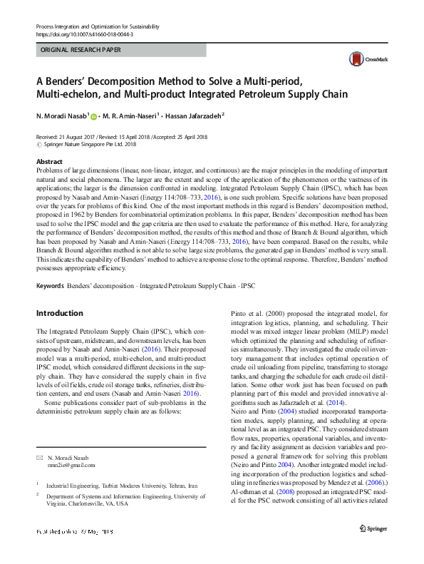 (PDF) A Benders’ Decomposition Method to Solve a Multi-period, Multi ...