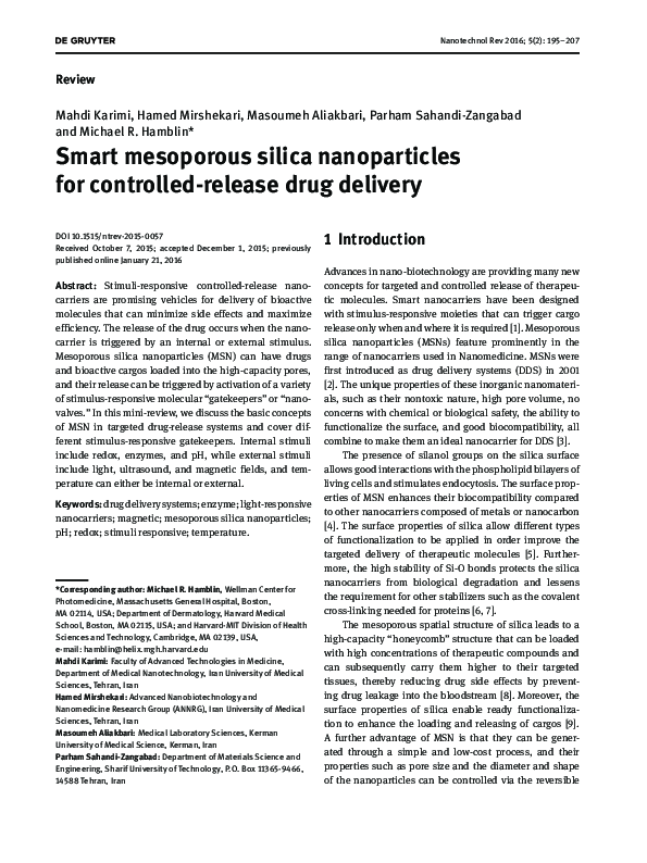 (PDF) Smart mesoporous silica nanoparticles for controlled-release drug ...