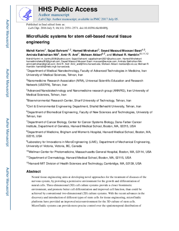 (PDF) Microfluidic systems for stem cell-based neural tissue engineering