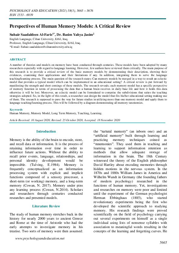 (PDF) Perspectives of Human Memory Models: A Critical Review