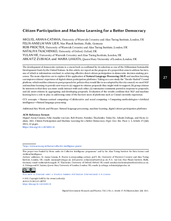 (PDF) Citizen Participation and Machine Learning for a Better Democracy