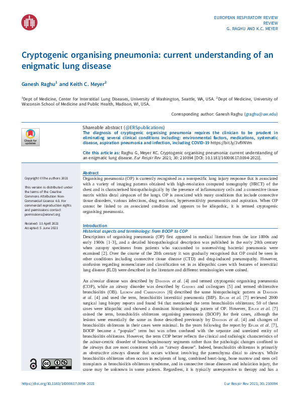 (PDF) Cryptogenic organising pneumonia: current understanding of an ...