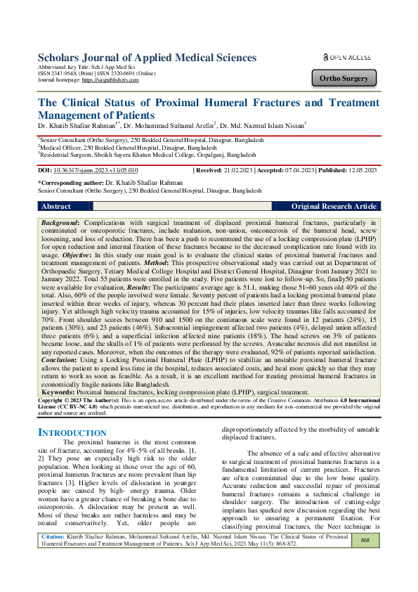 (PDF) The Clinical Status of Proximal Humeral Fractures and Treatment ...