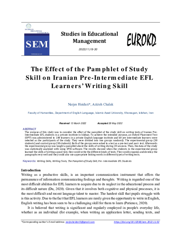 (PDF) The Effect of the Pamphlet of Study Skill on Iranian Pre ...
