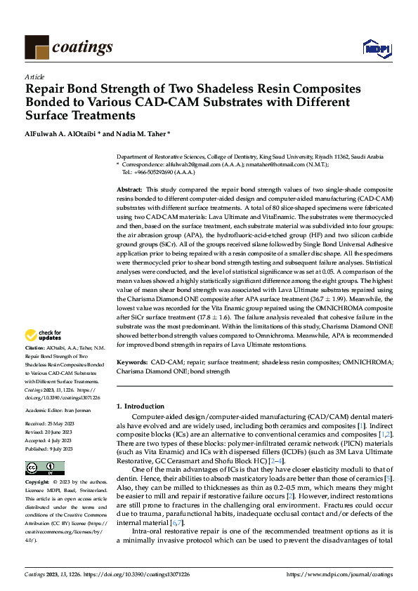 (PDF) Repair Bond Strength of Two Shadeless Resin Composites Bonded to ...