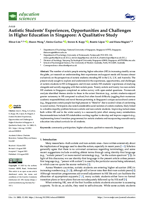 (PDF) Autistic Students' Experiences, Opportunities and Challenges in ...
