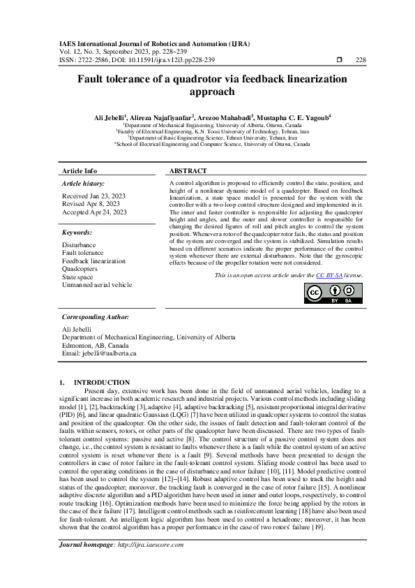 (PDF) Fault tolerance of a quadrotor via feedback linearization approach