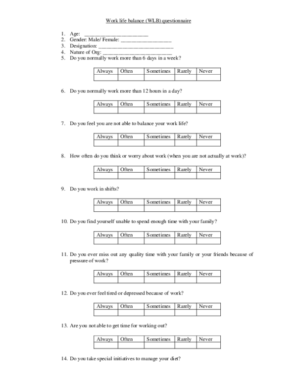 (PDF) Work life balance WLB questionnaire