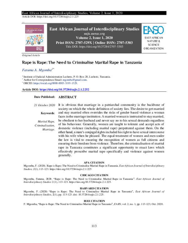 (PDF) Rape is Rape: The Need to Criminalise Marital Rape in Tanzania