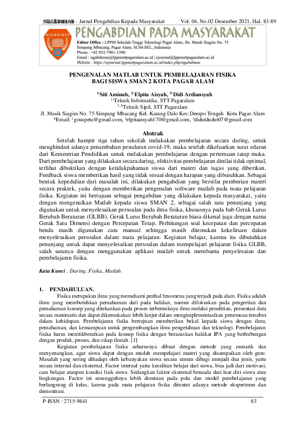 (PDF) Pengenalan Matlab Untuk Pembelajaran Fisika Bagi Siswa Sman 2 ...