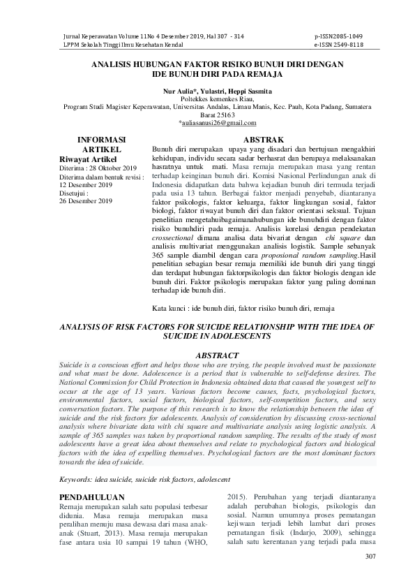 (PDF) Analisis Hubungan Faktor Risiko Bunuh Diri dengan Ide Bunuh Diri