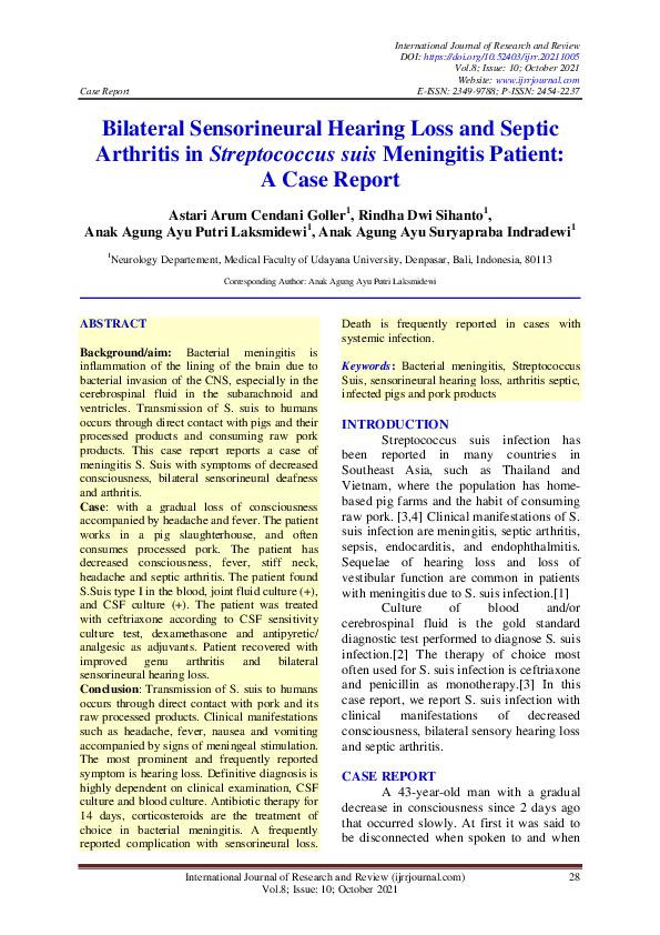 (PDF) Bilateral Sensorineural Hearing Loss and Septic Arthritis in ...